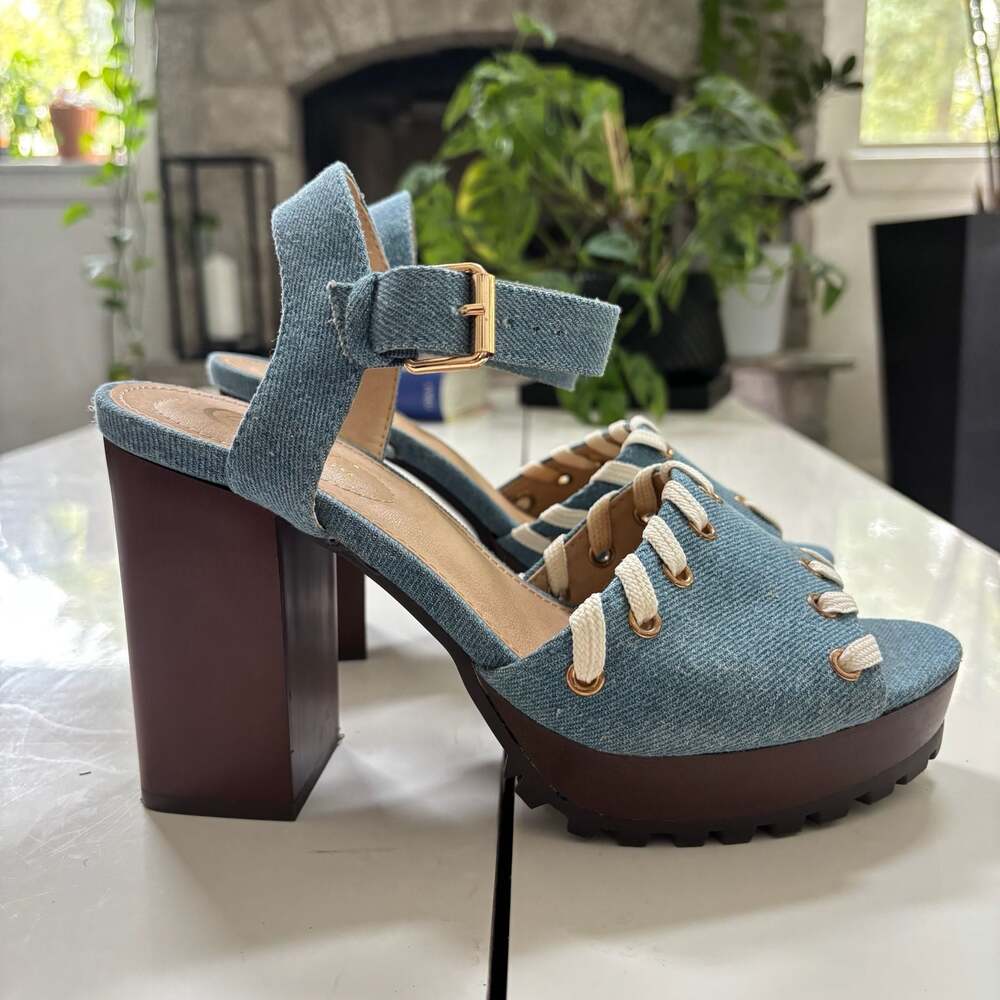Comfort Denim Lace-Up Platform Block Heel Sandals Womens Size 8